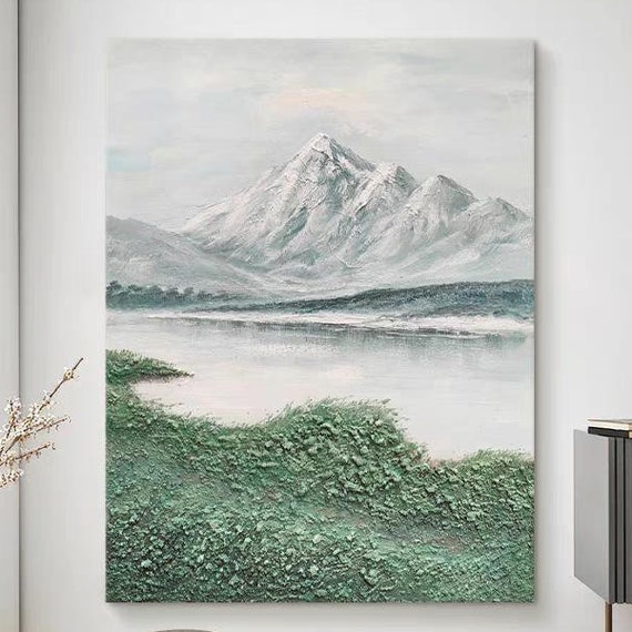 Snowy Mountains Painting Large Size Lakeside Artwork Green Grass Thick Textured Oil Art Portrait Oversized Living Room Wall Decor