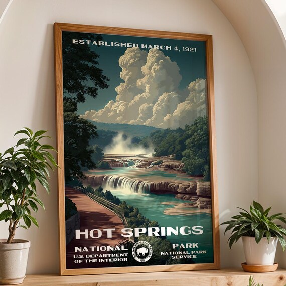 Hot Springs Arkansas Waterfall Cascades Steam Retro Travel Poster