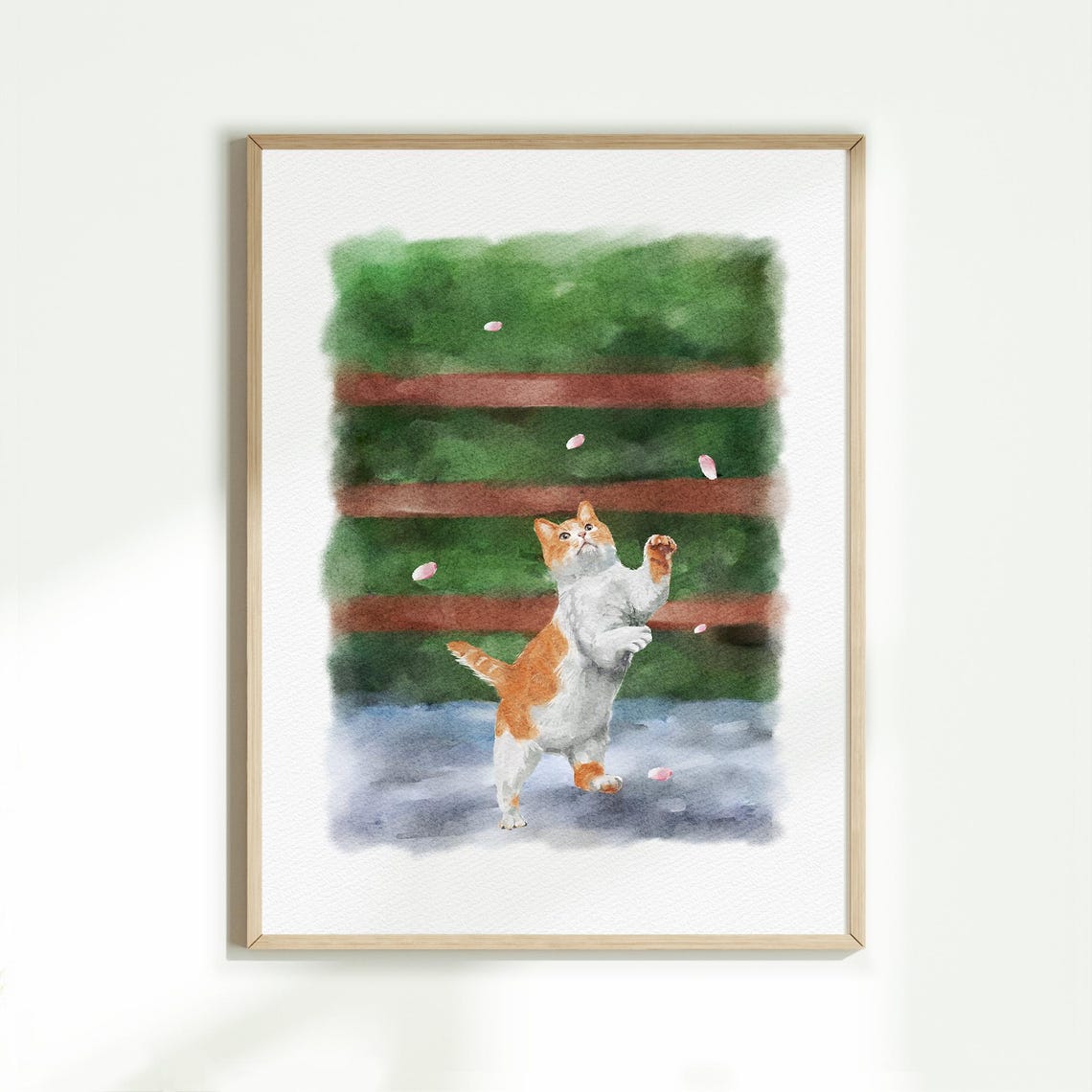 Playful Orange Tabby Cat Catching Petals Watercolor Garden Poster