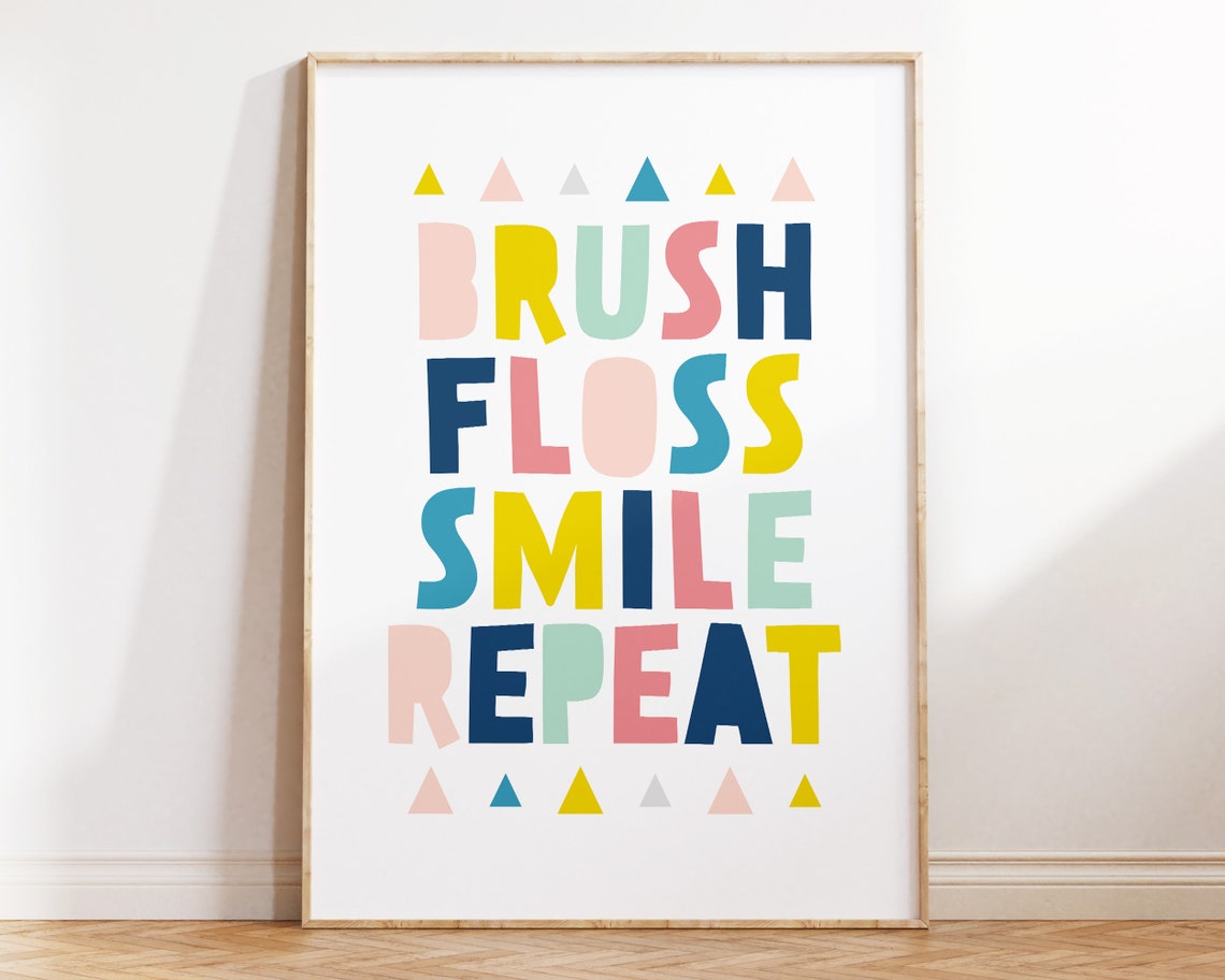 Brush Floss Smile Repeat Colorful Kids Bathroom Routine Poster - Image 3
