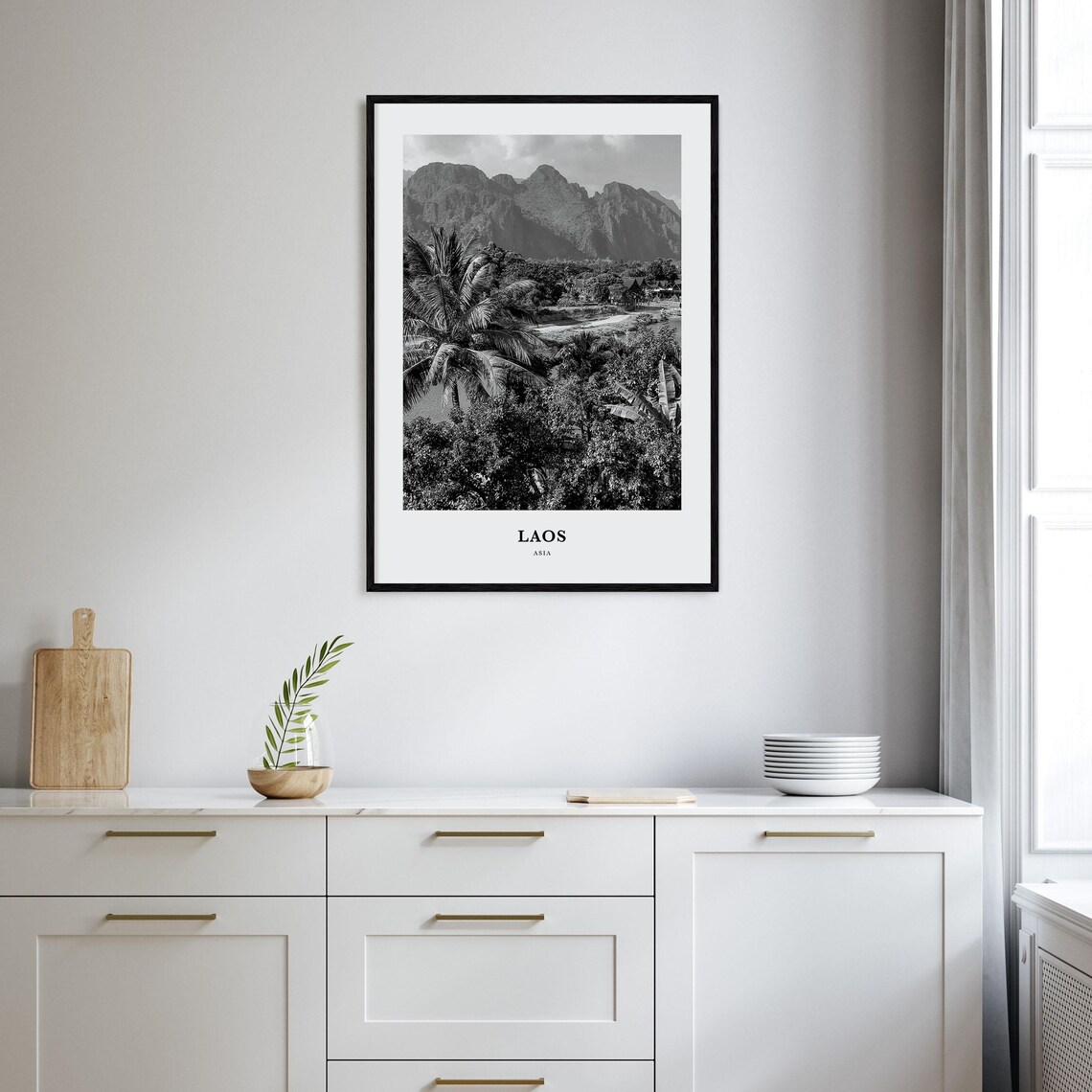 Laos Asia Karst Mountains Palm Trees Black And White Travel Poster - Image 2