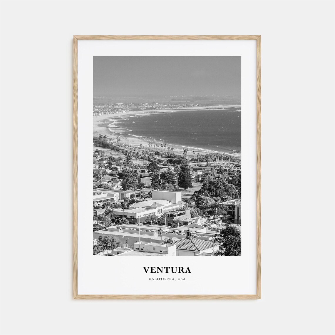 Ventura California Coastal Town Aerial Beach Monochrome Art Poster