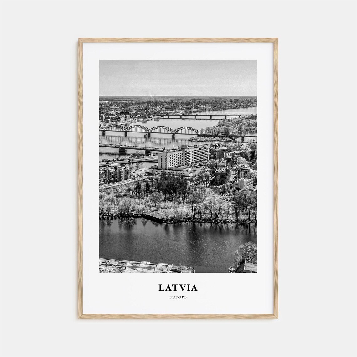 Latvia Europe River Bridges City Aerial Black And White Travel Poster