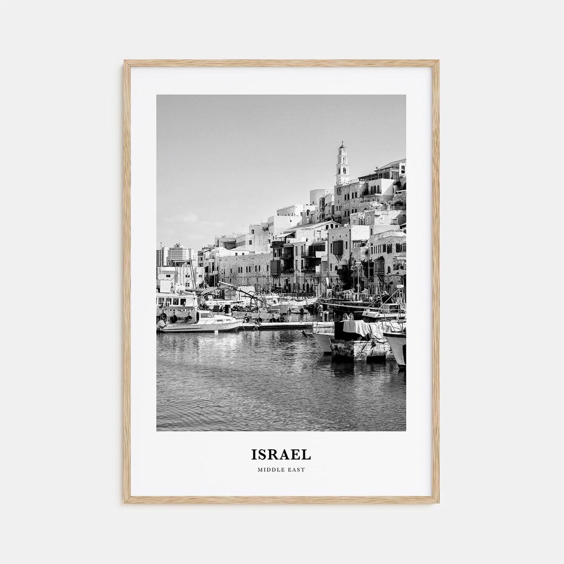 Israel Old Port Harbor Fishing Boats Black and White Photo Print
