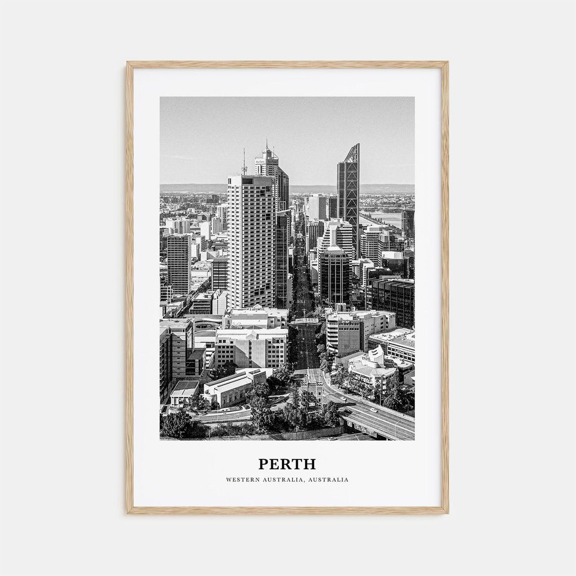 Perth Australia Aerial Downtown Skyline Black and White Poster