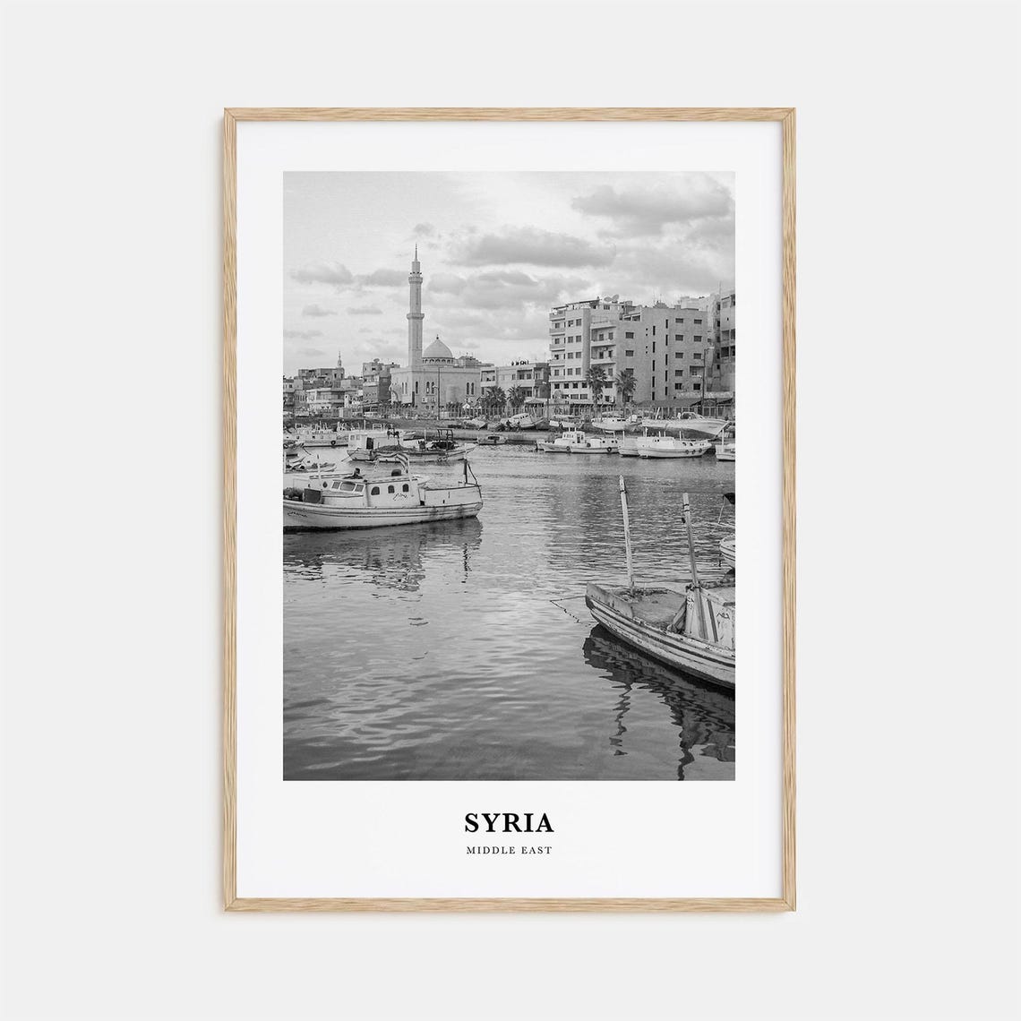 Syria Fishing Boats Harbor with Minaret Black and White Poster