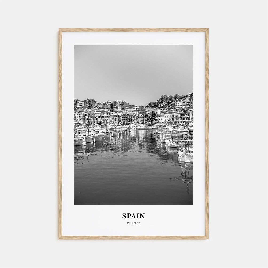 Spain Black And White Harbor Marina Boats Photography Travel Poster
