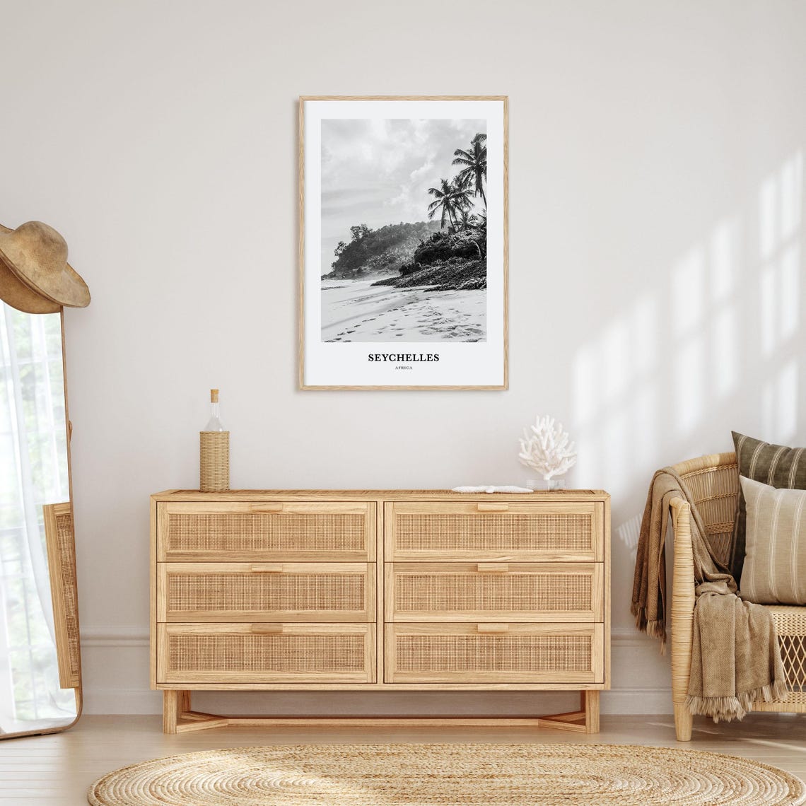 Seychelles Tropical Beach Palm Trees Black White Travel Poster - Image 3