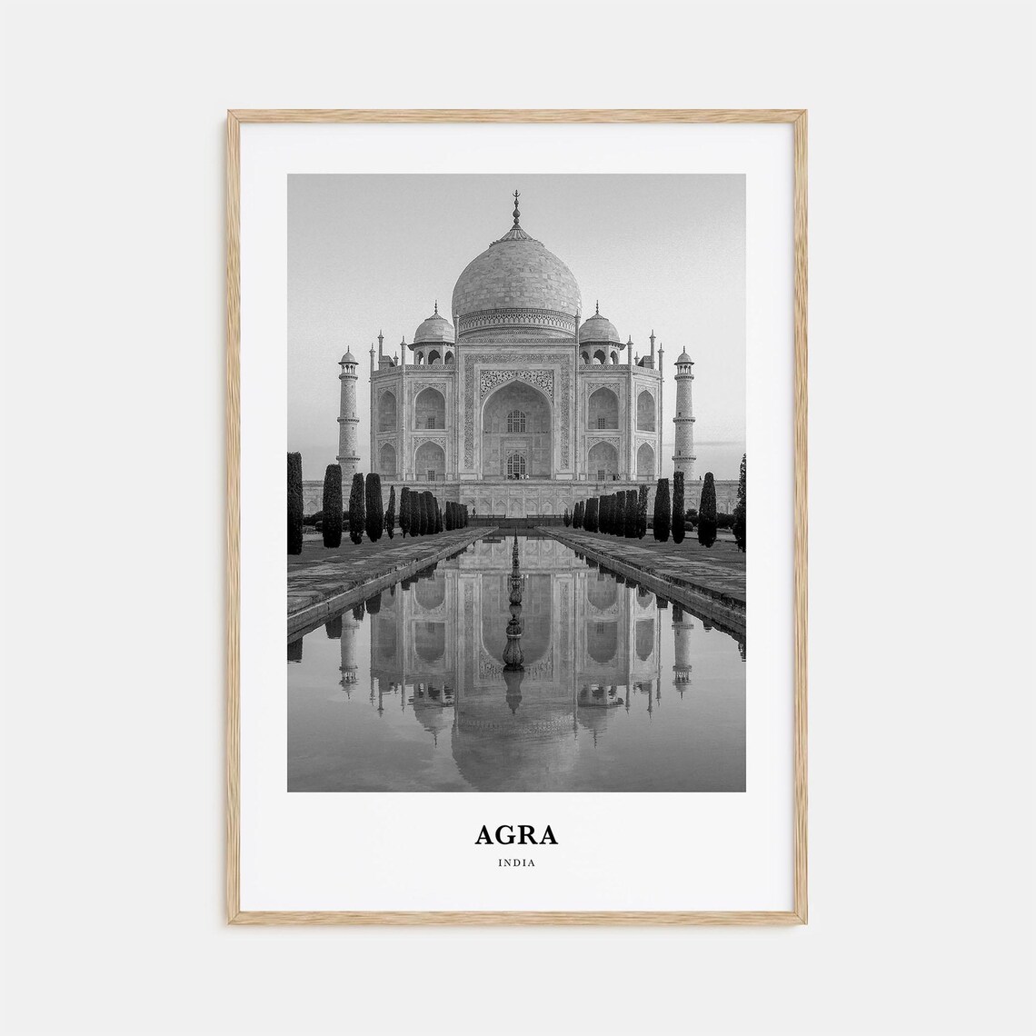 Agra Taj Mahal Reflecting Pool Black and White Travel Poster