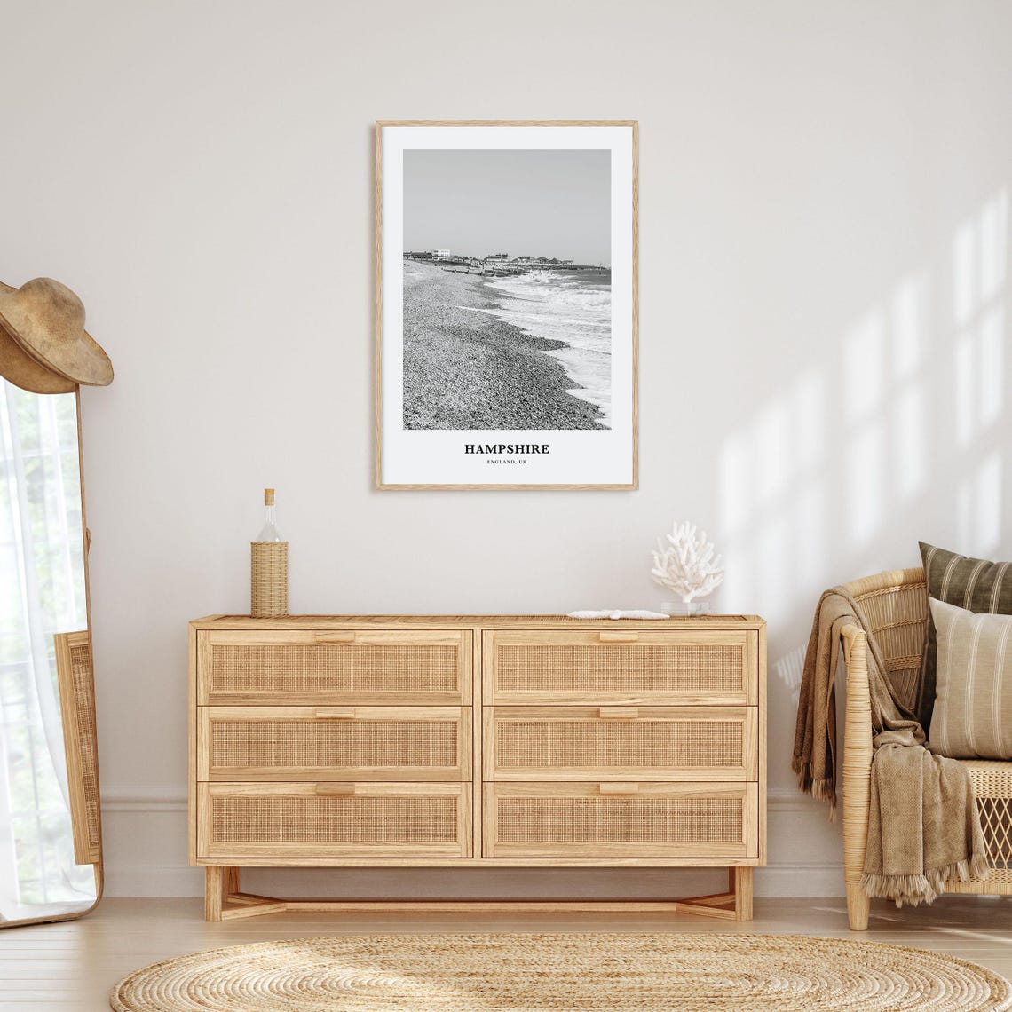 Hampshire England Shingle Beach Crashing Waves Black White Poster - Image 3