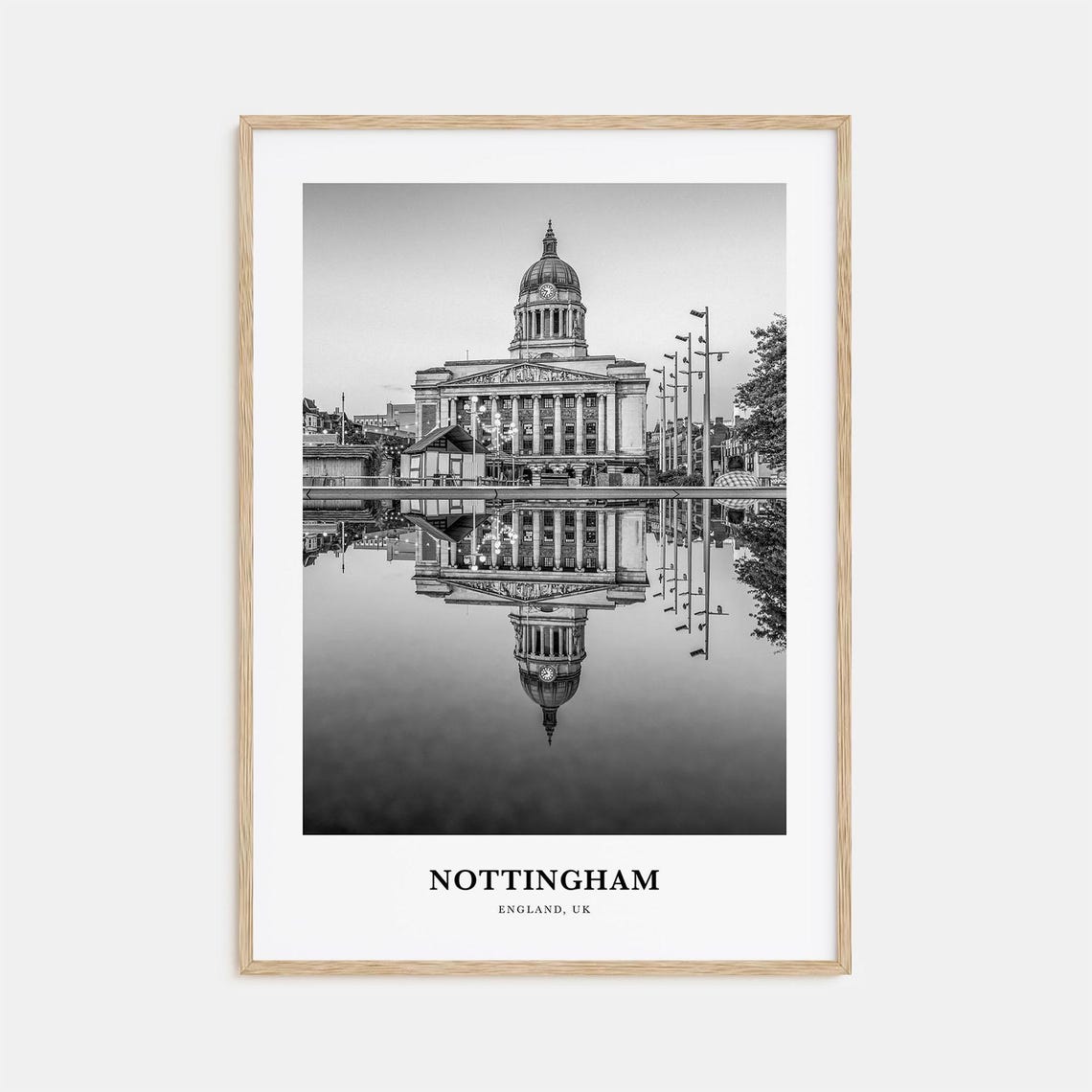 Nottingham City Hall Reflected in Water Black and White Poster