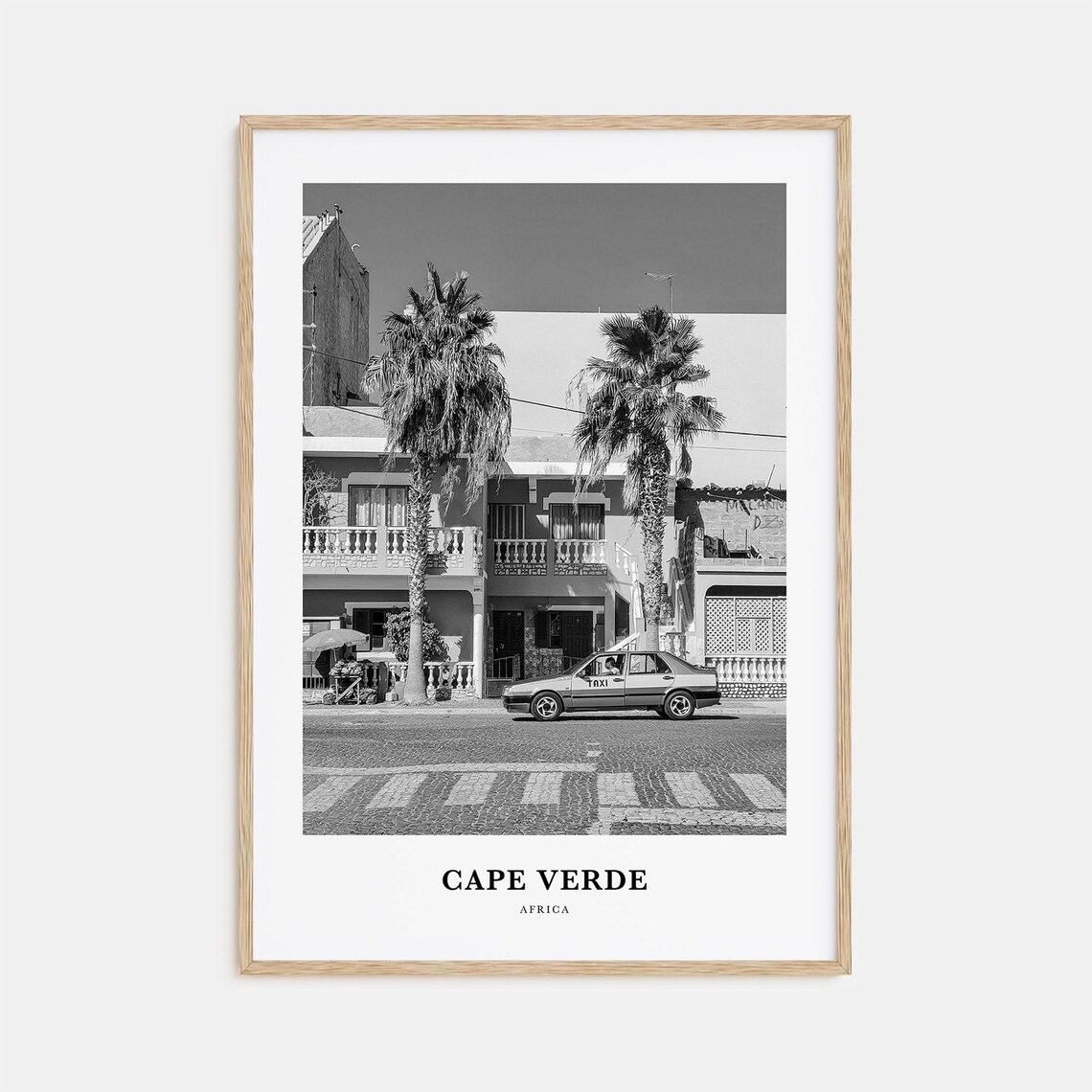 Cape Verde Palm Street Taxi Scene Black and White Photo Poster