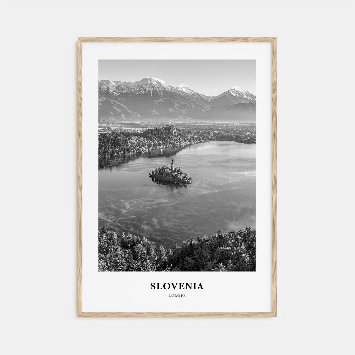 Slovenia Lake Bled Island Church Black and White Travel Poster