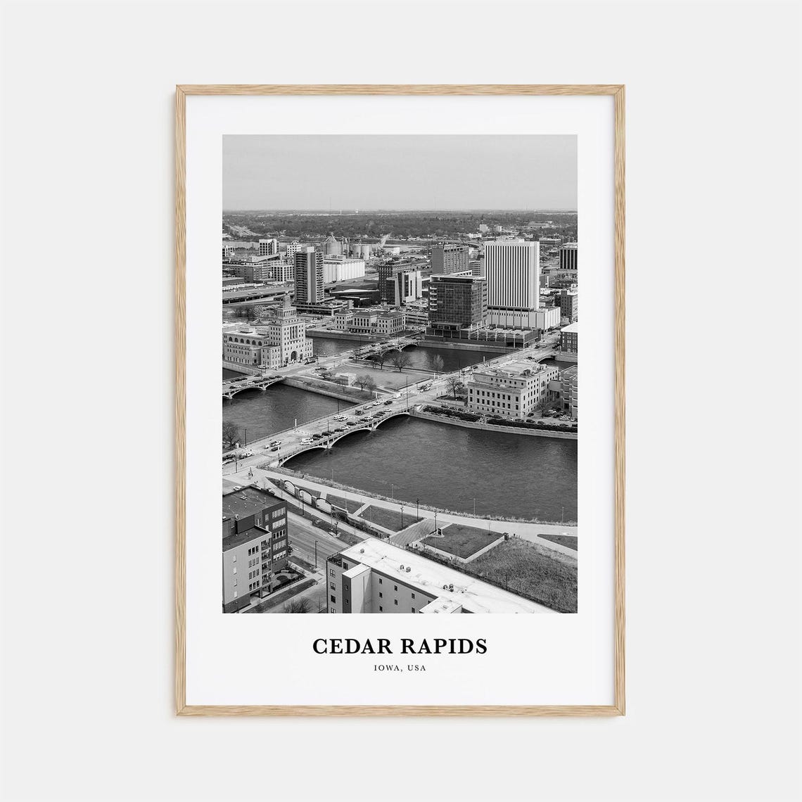 Cedar Rapids Iowa Downtown River Bridges Black White Travel Poster