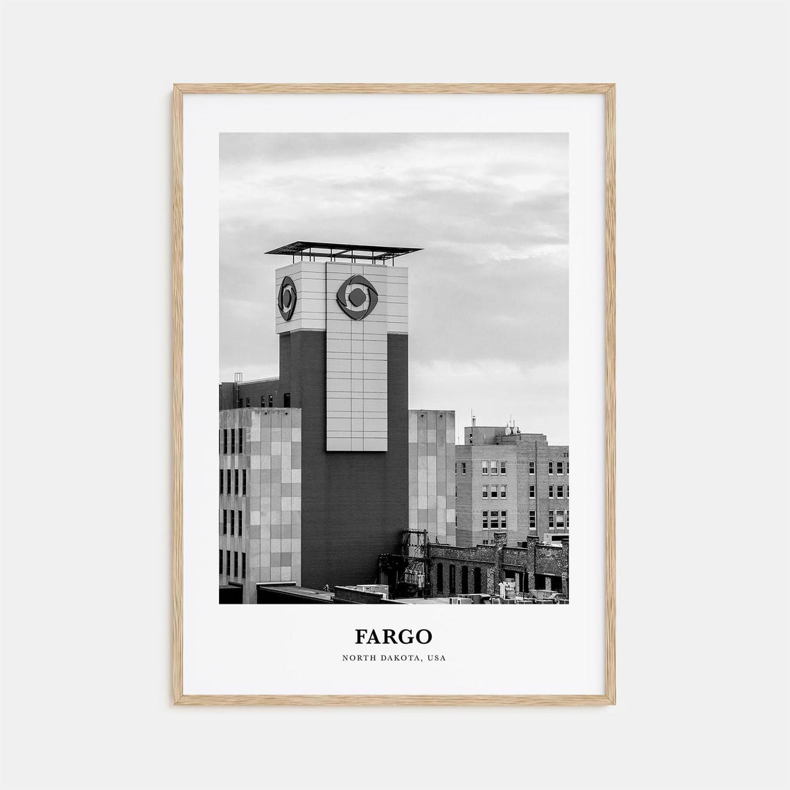 Fargo North Dakota Downtown Clock Tower Black and White Poster
