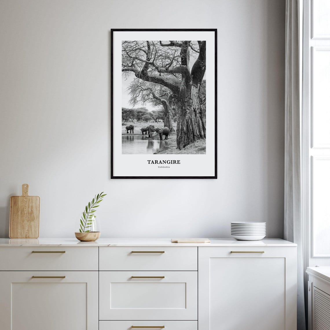 Tarangire Elephants at Baobab Waterhole Black and White Poster - Image 2