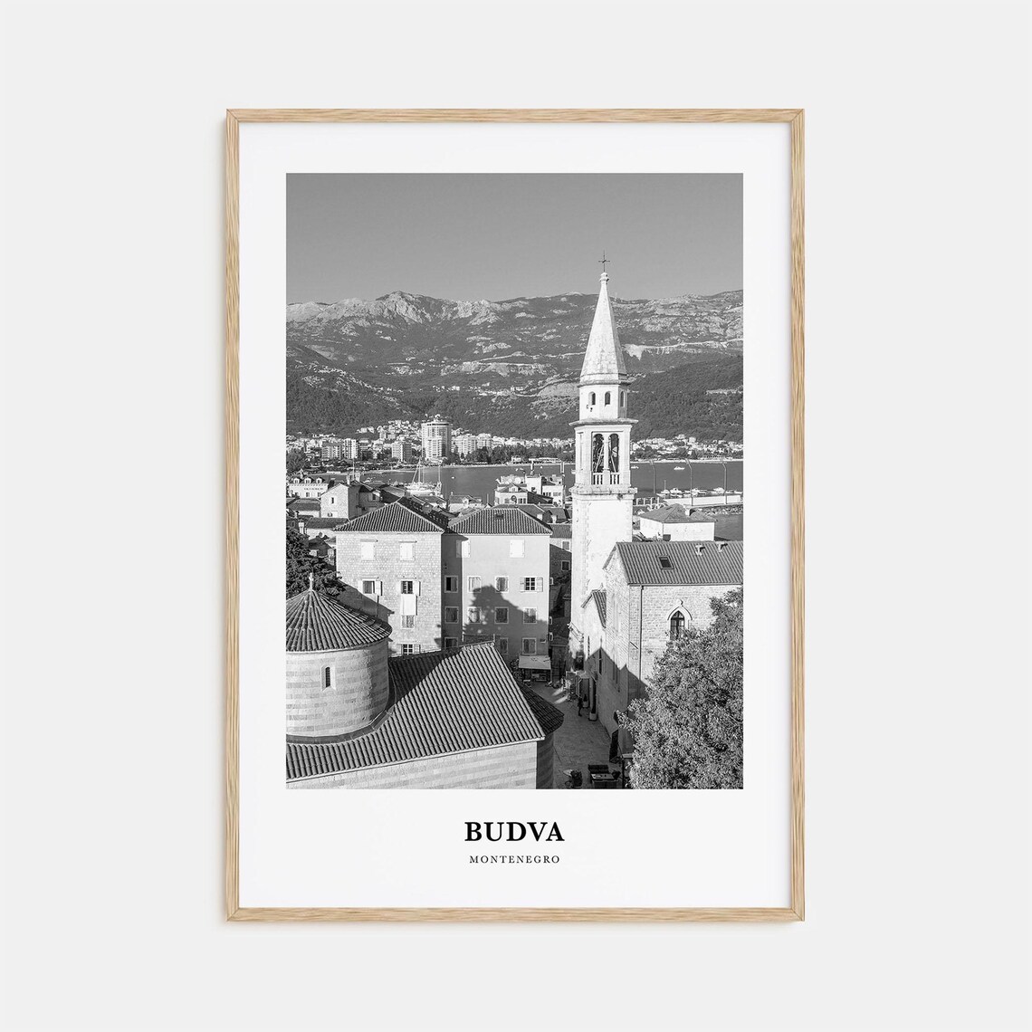 Budva Montenegro Old Town Church Tower Black and White Travel Poster