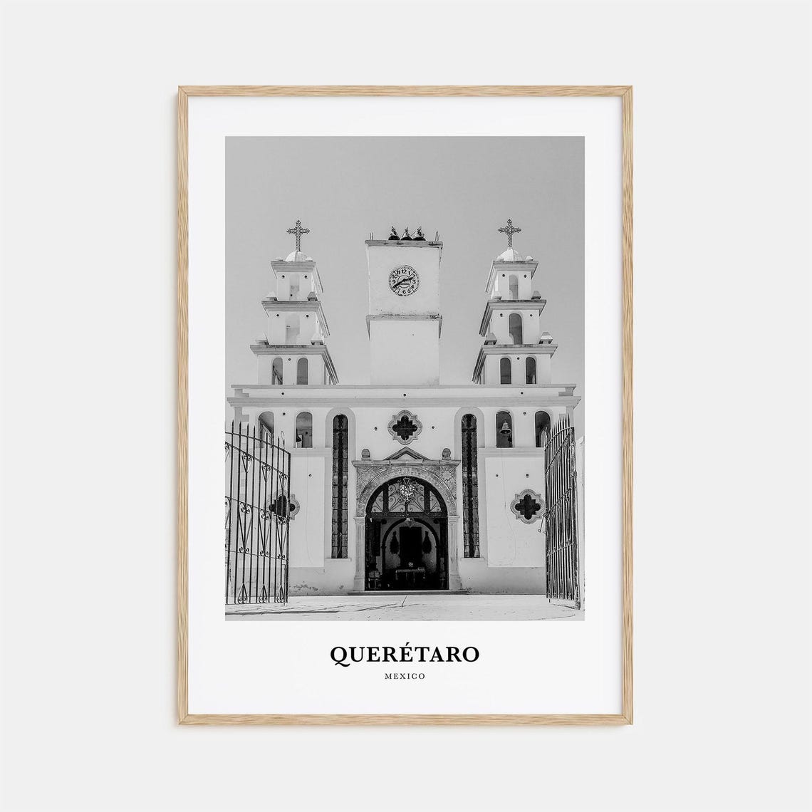 Queretaro Mexico Colonial Church Facade Black and White Art Poster