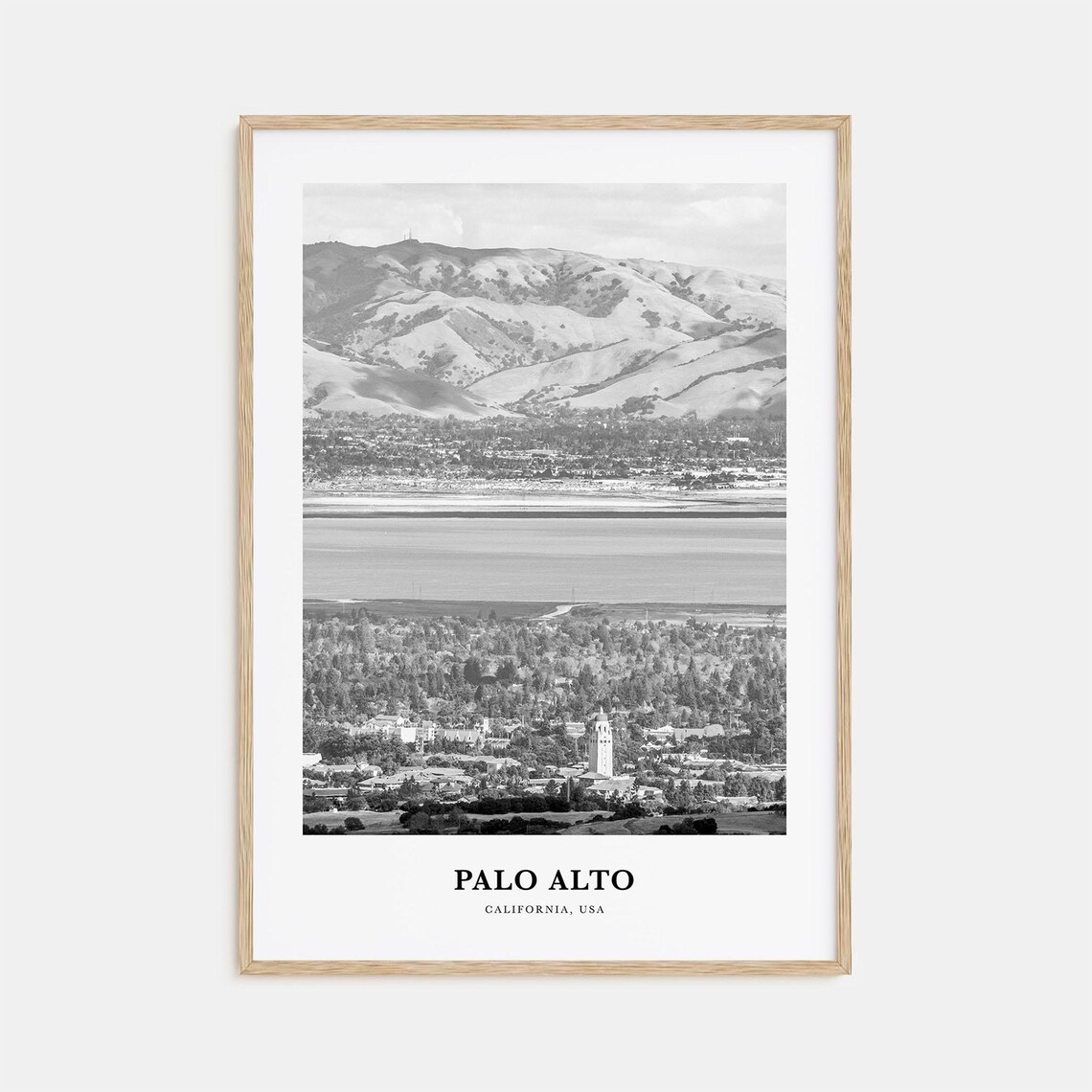 Palo Alto California Hills and Bay Black and White Travel Poster