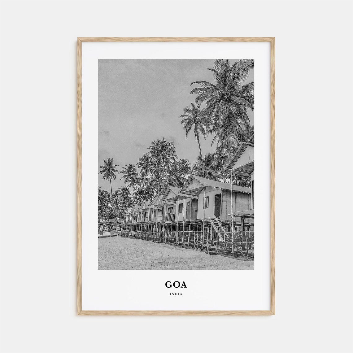 Goa India Beach Huts and Palm Trees Black and White Photo Poster