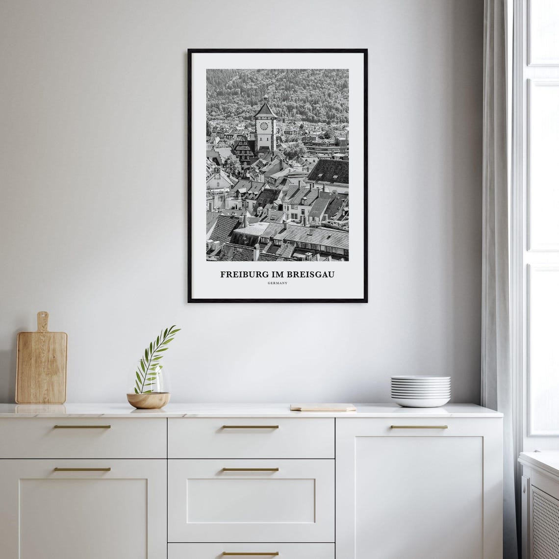 Freiburg Im Breisgau Old Town Clock Tower Black and White Poster - Image 2