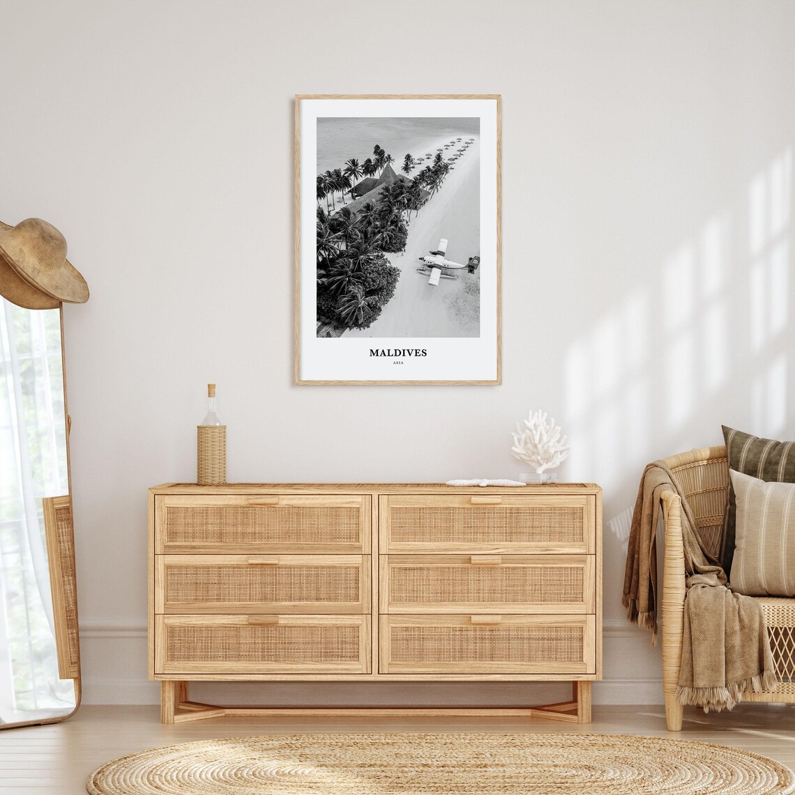 Maldives Asia Island Aerial Seaplane Lagoon Black White View Poster - Image 3