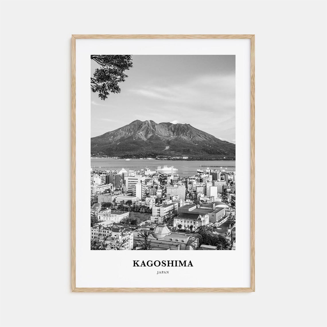 Kagoshima Japan Sakurajima Volcano Black White City Photo Poster
