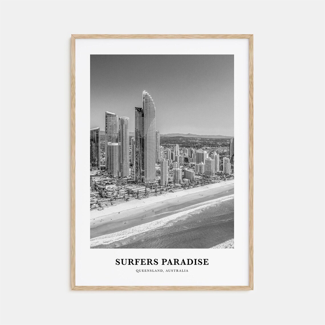 Surfers Paradise Beach Skyline Black White Oceanfront Photo Poster