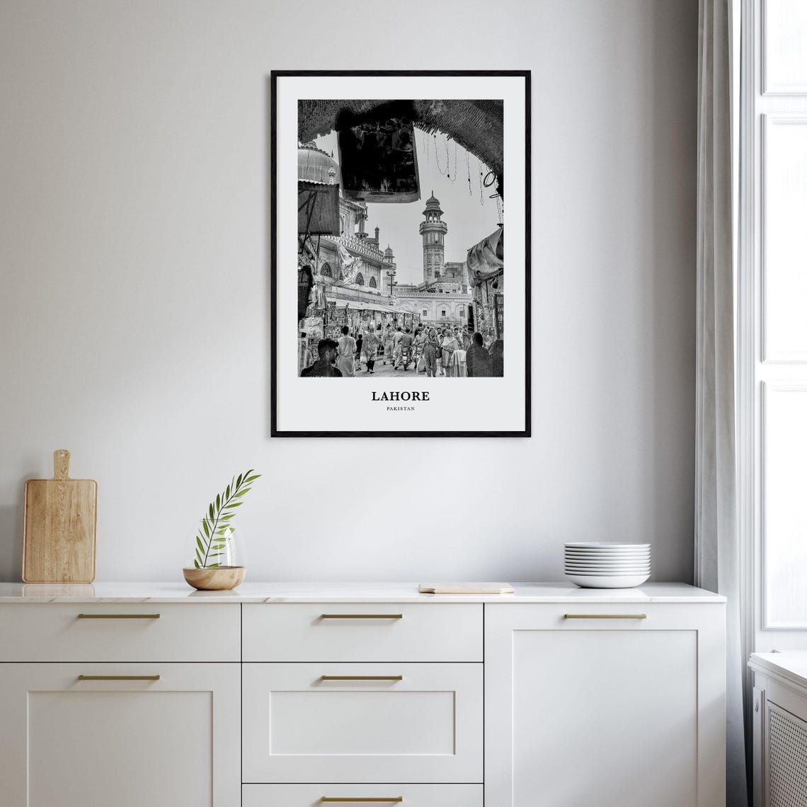 Lahore Bazaar Street Black And White Pakistan Mosque Minaret Poster - Image 2
