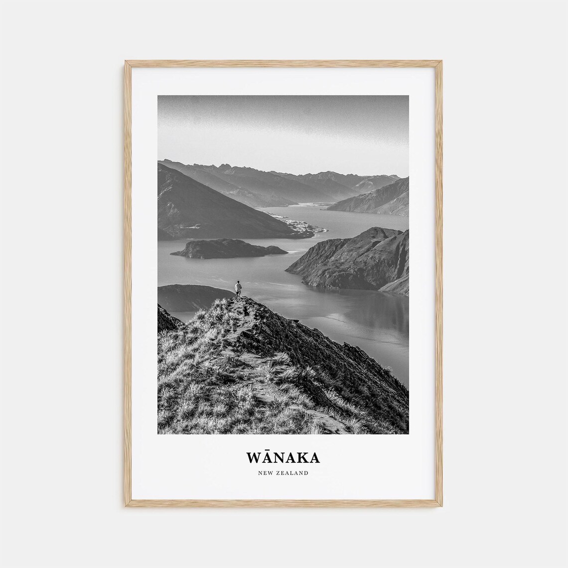 Wanaka New Zealand Hiker On Ridge Above The Lake Black White Poster