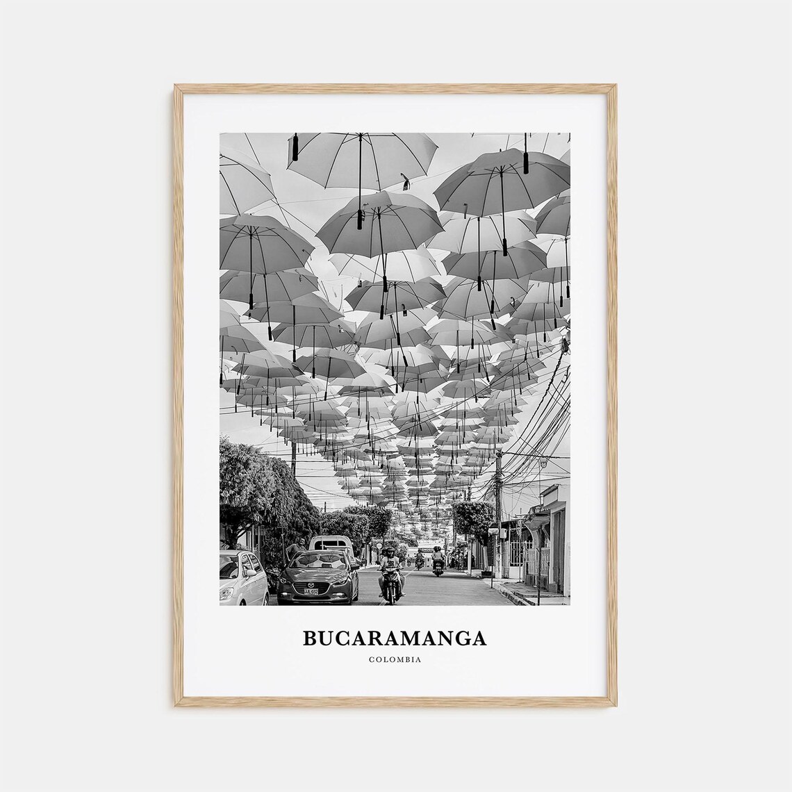 Bucaramanga Colombia Umbrella Street Black and White Travel Poster