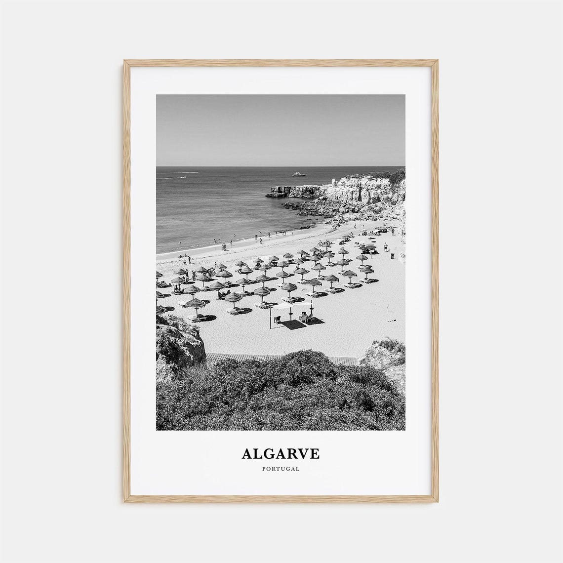 Algarve Portugal Beach Umbrellas Cliffs Black and White Travel Poster