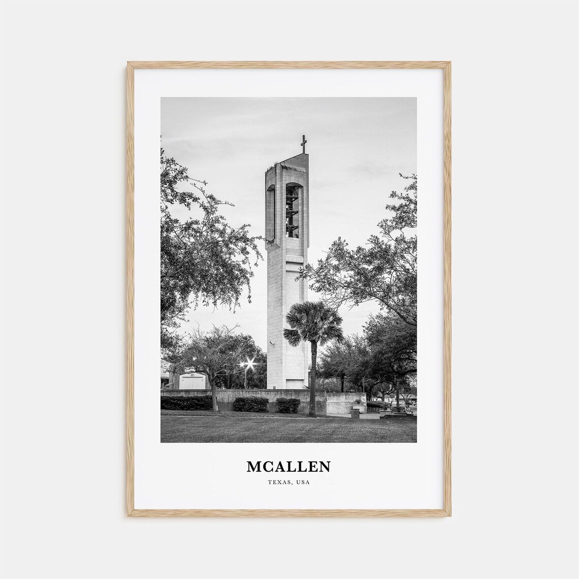 McAllen Texas Historic Church Bell Tower Black White Photo Poster