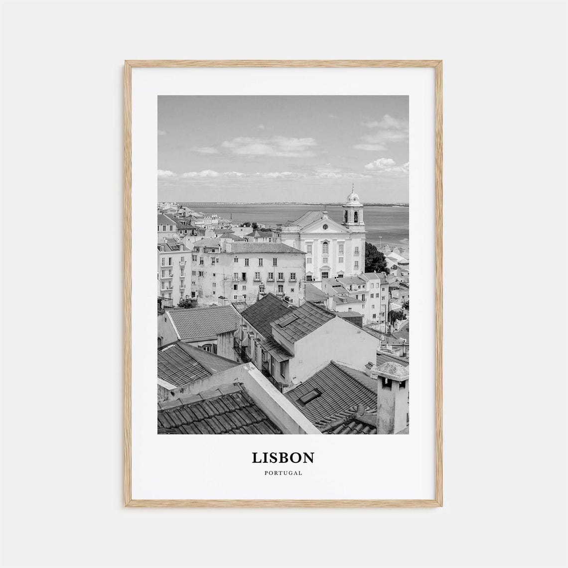 Lisbon Portugal Old Town Rooftops Black and White Travel Poster