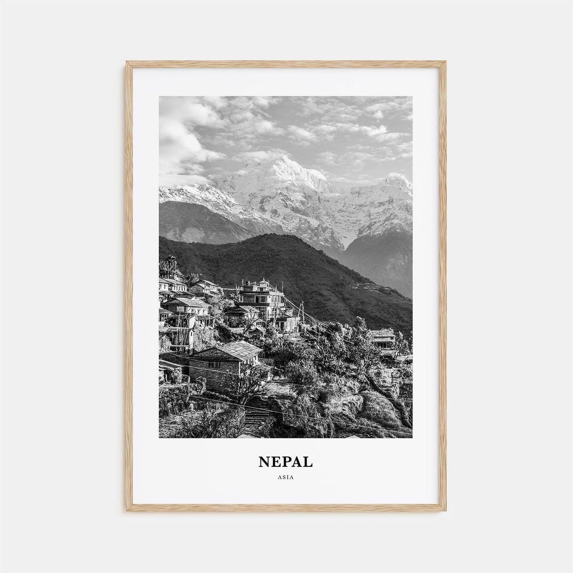 Nepal Himalayan Village Snow Peaks Black And White Travel Poster
