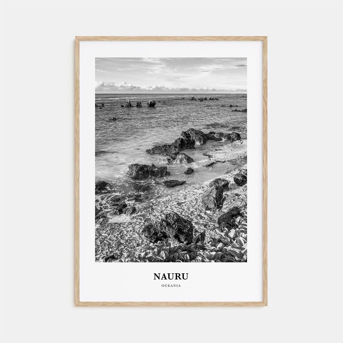 Nauru Oceania Rocky Coastline Waves Black And White Travel Poster