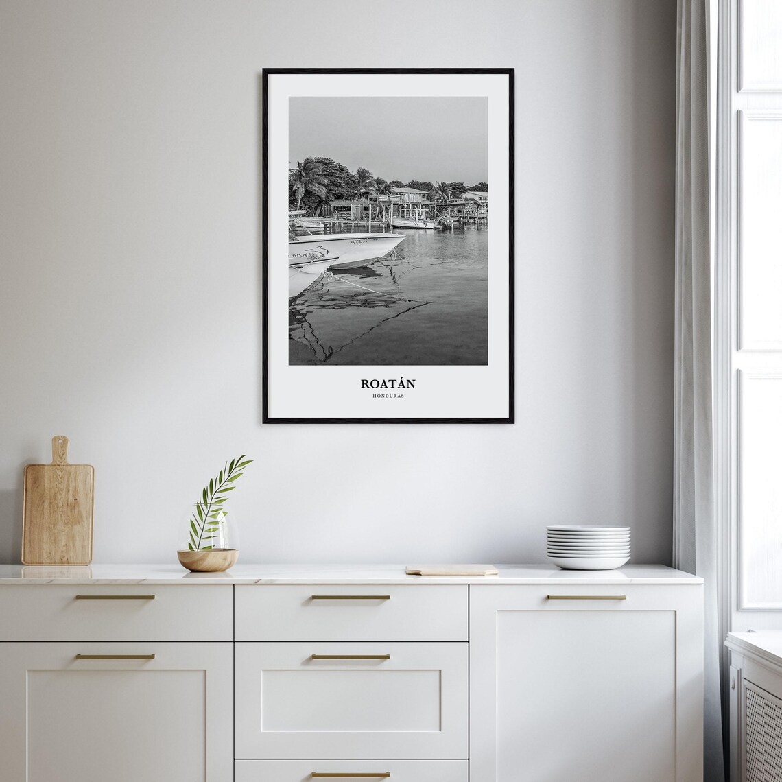 Roatan Honduras Harbor Wooden Boats Black And White Photo Poster - Image 2