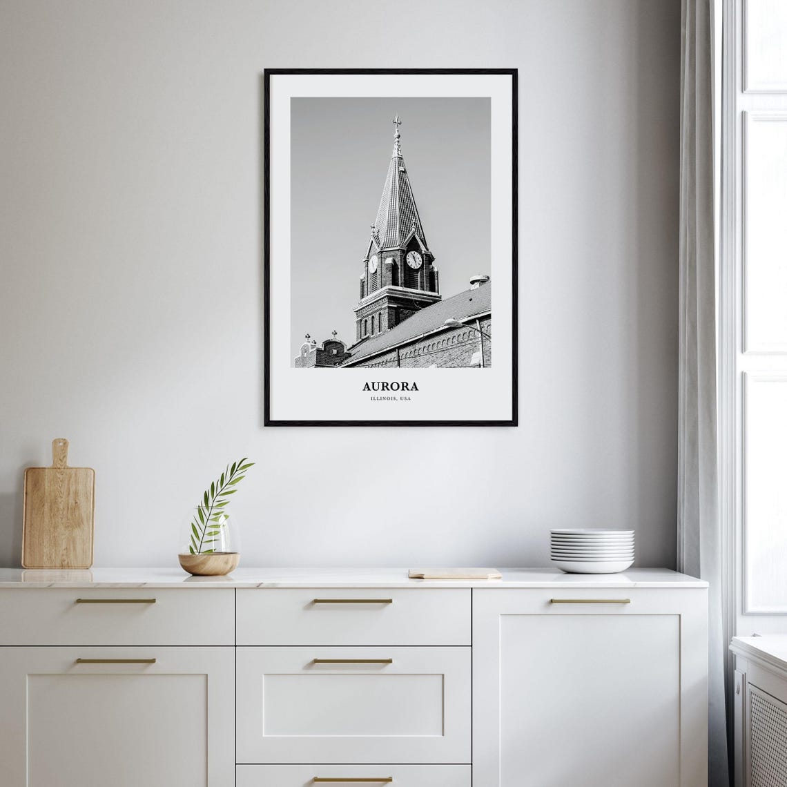 Aurora Illinois Historic Church Clock Tower Black White Poster - Image 2