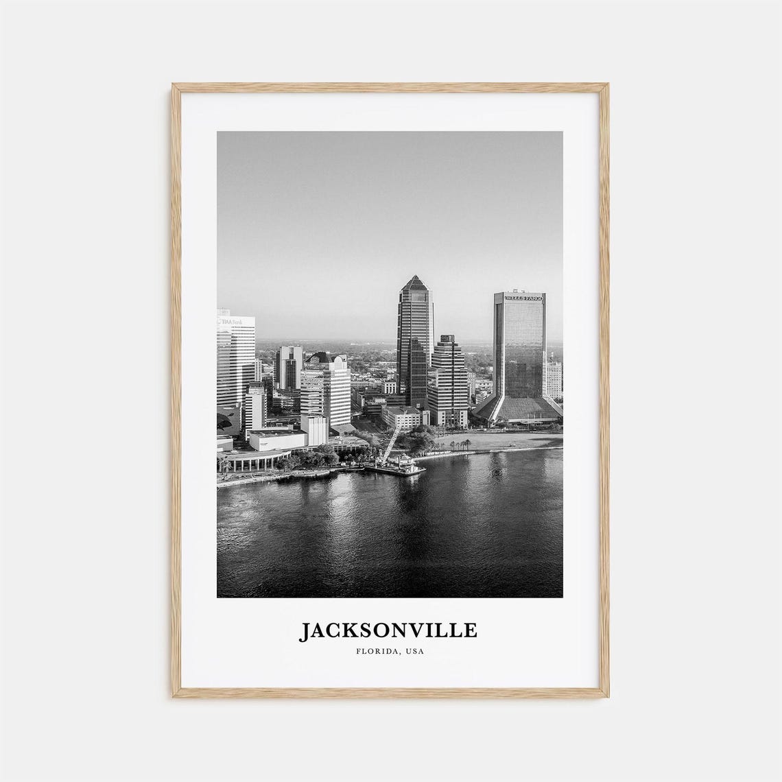 Jacksonville Florida Riverfront Skyline Black and White Poster