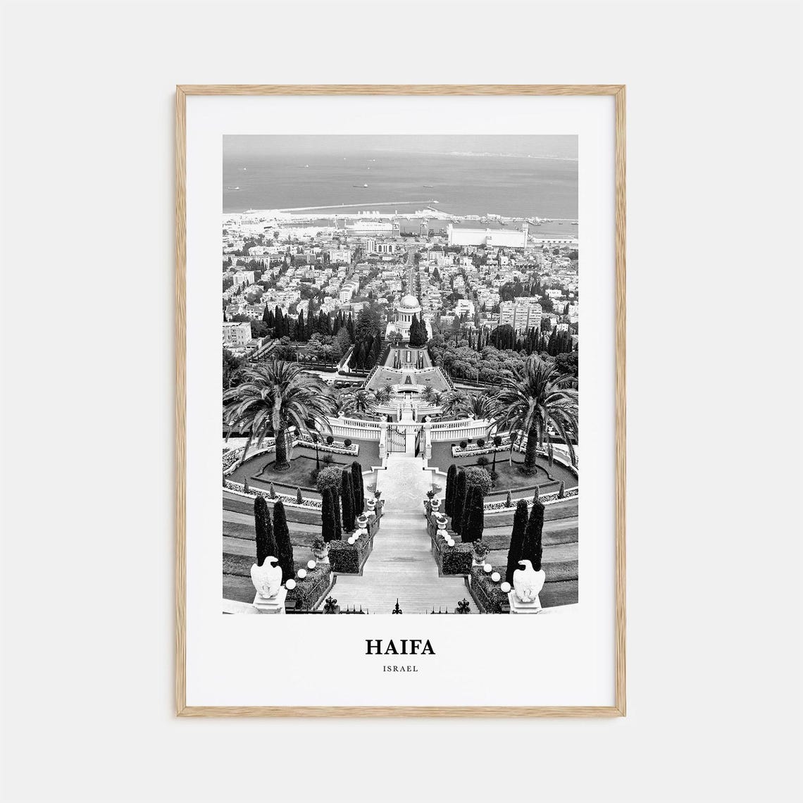 Haifa Israel Bahai Gardens Terraces Bay Black and White Poster