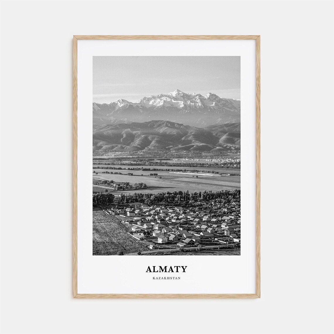 Almaty Kazakhstan Snowy Mountain Peaks Black and White Travel Poster