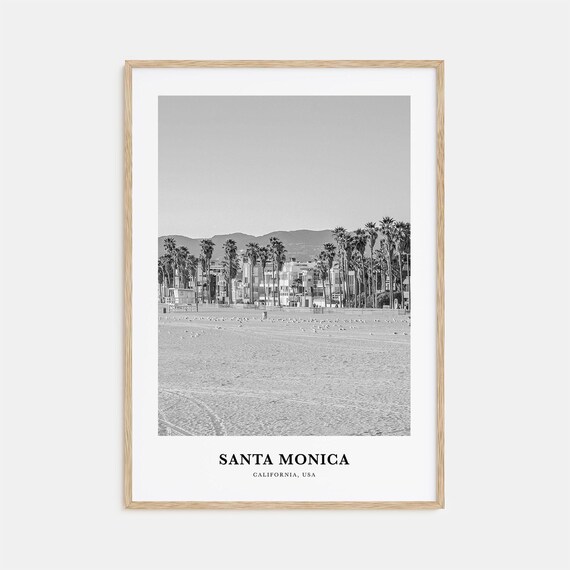 Santa Monica California Beach Palm Trees Hotels Black White Photo Poster