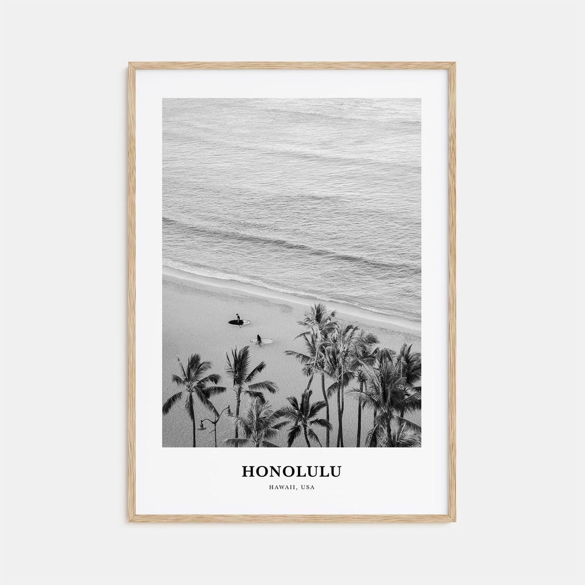Honolulu Hawaii Palm Beach Surfers Aerial Black and White Poster