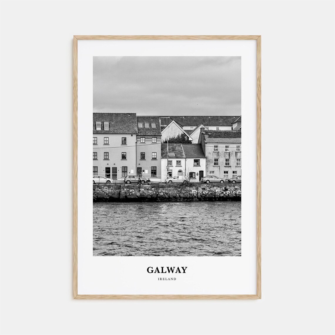 Galway Waterfront Houses in Black and White Minimalist Travel Poster