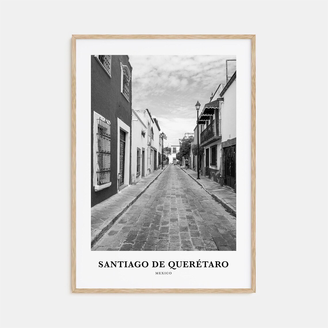 Santiago de Queretaro Mexico Cobblestone Street Black White Photo Poster