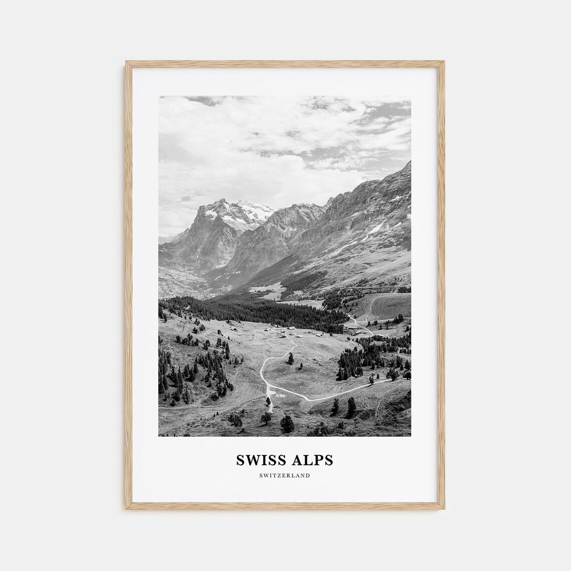 Swiss Alps Mountain Valley Peaks Black White Scenic Photo Poster
