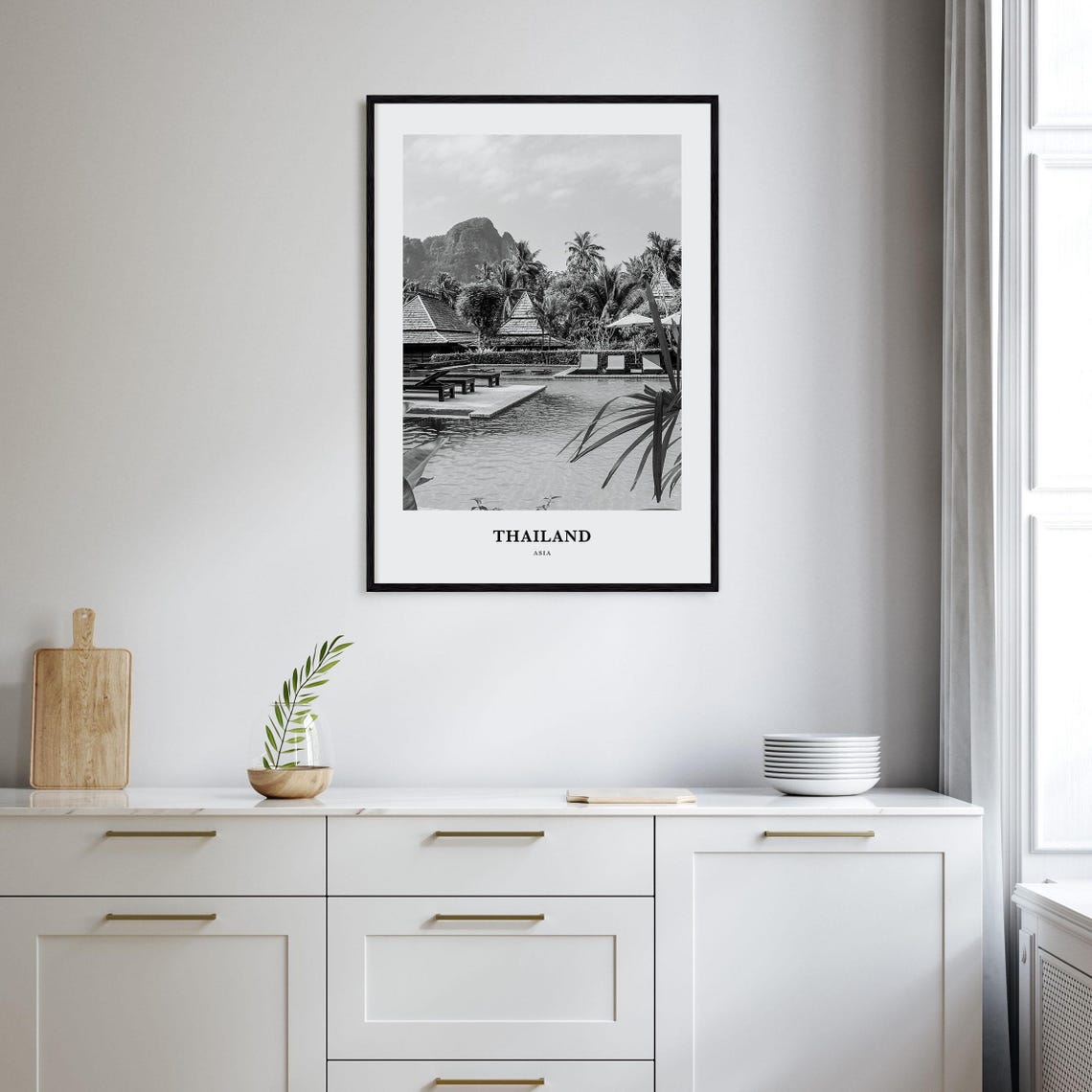 Thailand Resort Pool with Limestone Karst Black and White Poster - Image 2