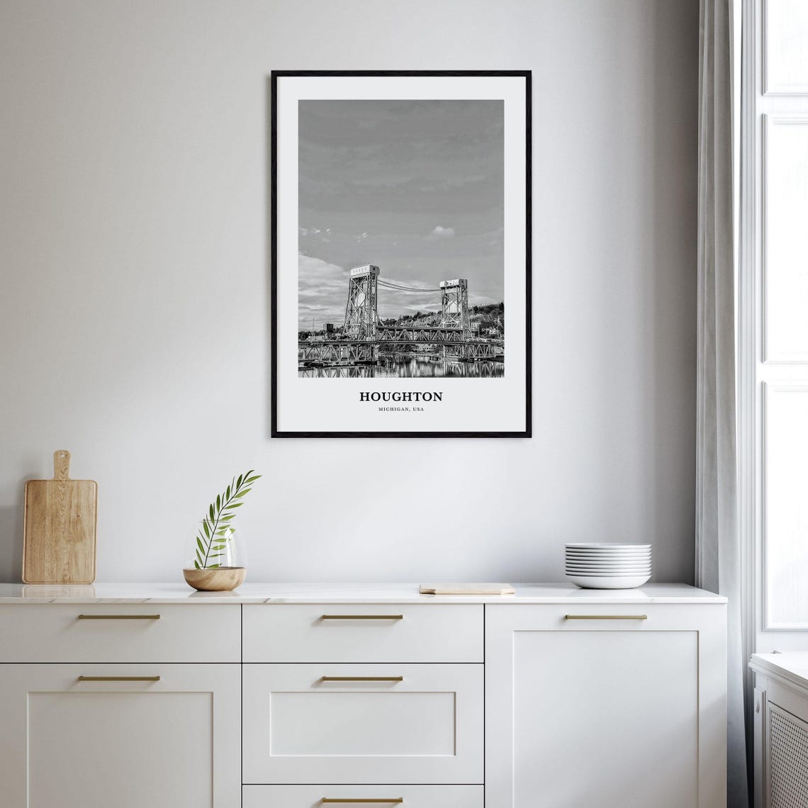 Houghton Michigan Lift Bridge Canal Harbor Black and White Poster - Image 2