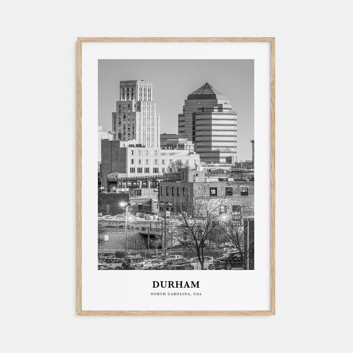 Durham North Carolina Downtown Skyline Black and White Poster