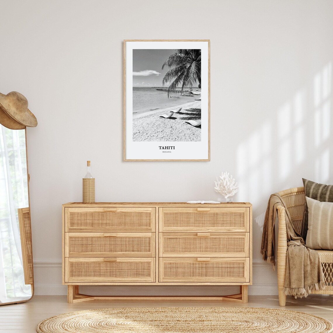 Tahiti Oceania Lagoon Beach Palm Pier Black And White Photo Poster - Image 3